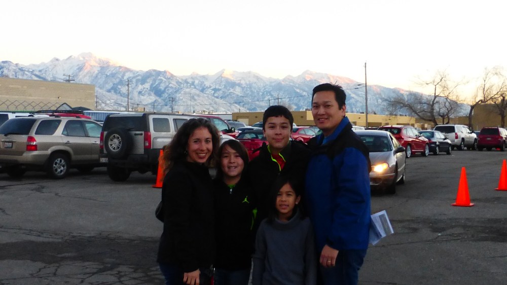 After Christmas Eve service with mountain backdrop